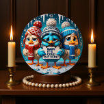 Title: "Baby, It's Cold Out Here<br><div class="desc">This charming clock face features three adorable, cartoon-style birds bundled up for winter. The central blue bird, wearing a grey and white patterned hat and scarf, holds a small sign that reads "BABY IT'S COLD OUT HERE!". It is flanked by two white birds, one with a red hat and scarf...</div>