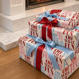 Title: Bold Oh What Fun Typography Pink Blue  Wrapping Paper