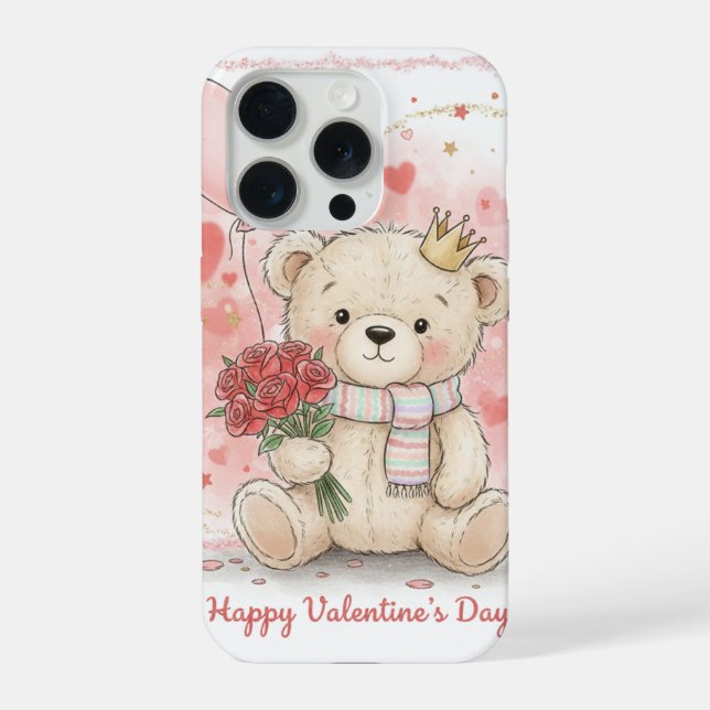 Title: Cute Teddy Bear with Roses Happy Valentine’ iPhone Case (Back)
