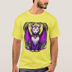  Title: Dragon Cat Wizard – Black, White & Purple  T-Shirt