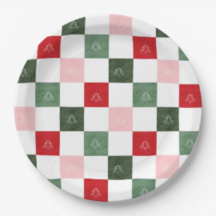 Title  Evergreen Tree Chequered Pattern   Rustic C Paper Plate