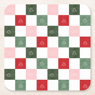Title Evergreen Tree Chequered Pattern Rustic C Square Paper Coaster