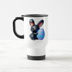 Title: Festive Black Bunny Holding Decorated Egg Travel Mug