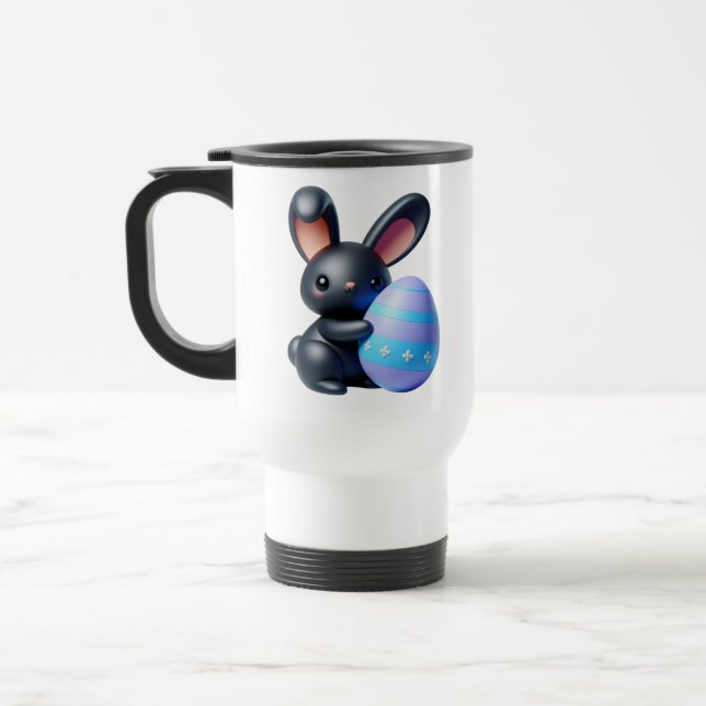 Title: Festive Black Bunny Holding Decorated Egg Travel Mug (Left)