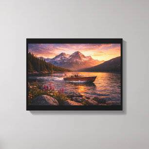 Title Golden Mountain Lake Sunset with Wooden Boa Canvas Print