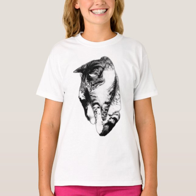 Title: Looking Down Tabby Cat Monochrome Tee (Front)