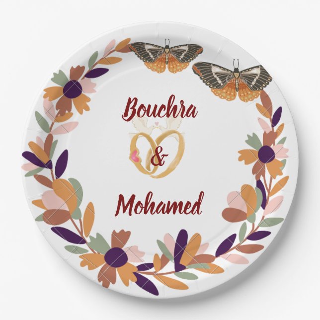 Title: Personalised Floral Wedding Plate – Bouchra (Front)
