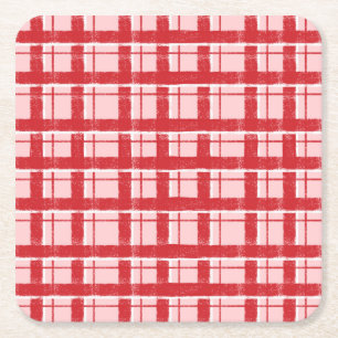 Title Pink & Red Textured Plaid Pattern Classic Square Paper Coaster