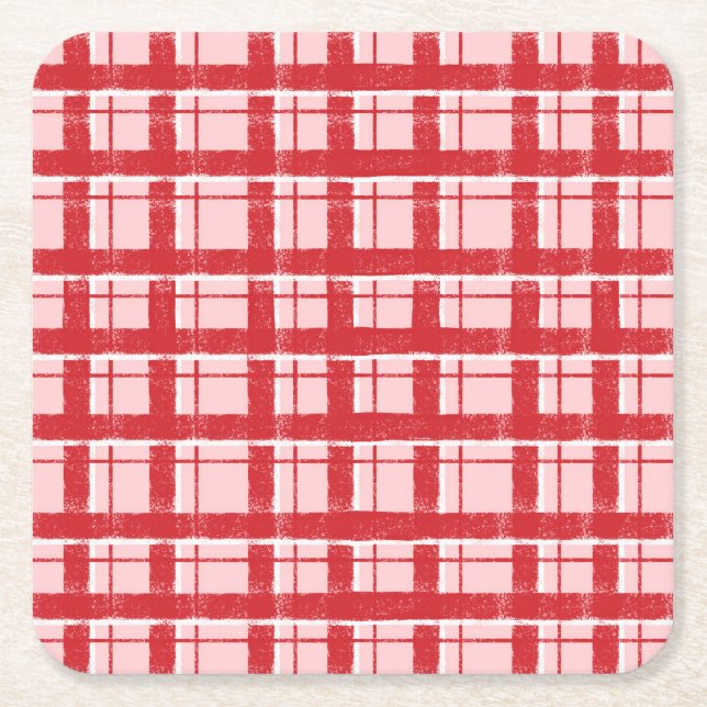 Title  Pink & Red Textured Plaid Pattern | Classic Square Paper Coaster (Front)