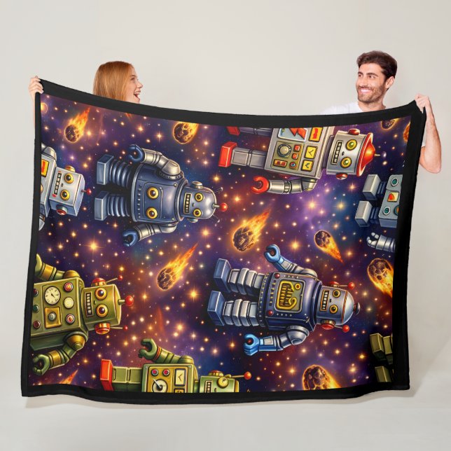 Title retro space robots and flaming comments prem fleece blanket (In Situ)