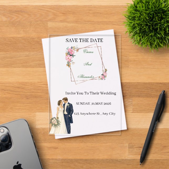 Title Rustic Floral Save The Date Wedding  Acrylic Invitations (Insitu (Invitation Card))