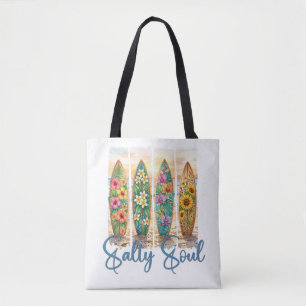 Title:Salty Soul Tropical Floral Surfboards Tote Bag