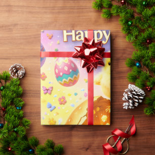 Title whimsical Easter bunny and colourful egg pat Wrapping Paper