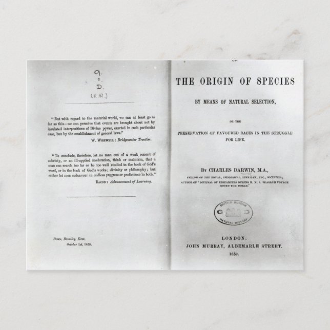 Titlepage to 'On the Origin of Species' Postcard (Front)