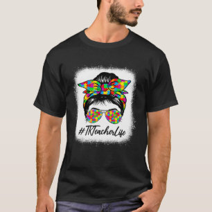TK Teacher Messy Bun Women Supporting Autism Aware T-Shirt