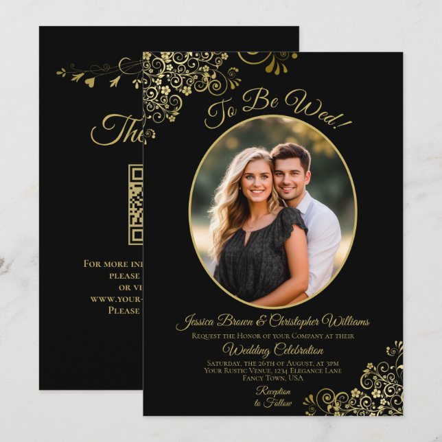 To Be Wed Black & Gold QR Code & Photo Wedding Invitation (Front/Back)
