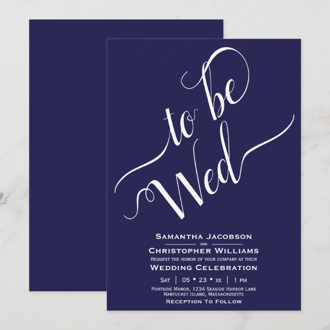 To Be Wed Elegant Calligraphy Simple Navy Wedding Invitation (Front/Back)
