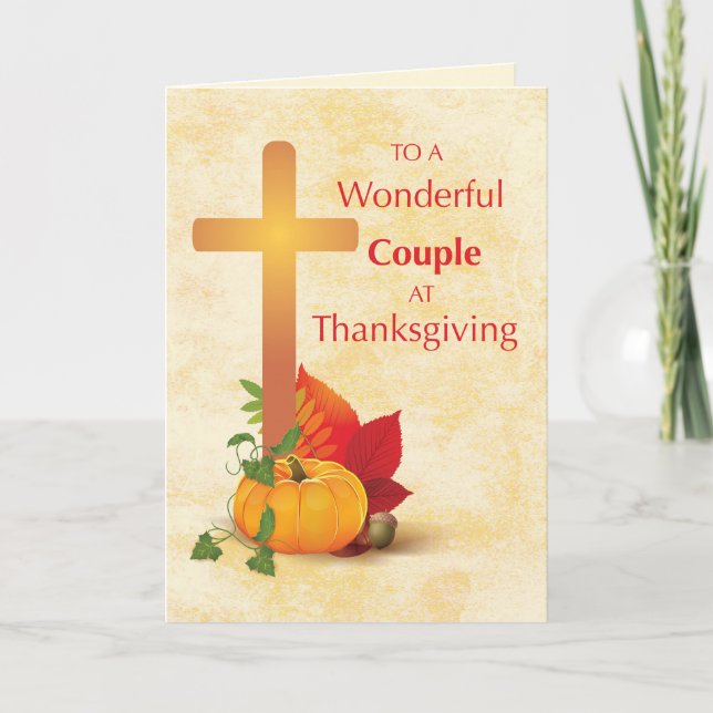 To Couple at Thanksgiving with Cross and Pumpkin Card (Front)