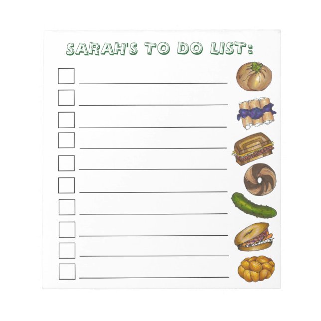 To Do List Jewish Deli Foods Bagel Pickle Blintz Notepad (Front)