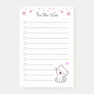 To Do List with Flowers & Cute White Kitty Cat  Post-it Notes
