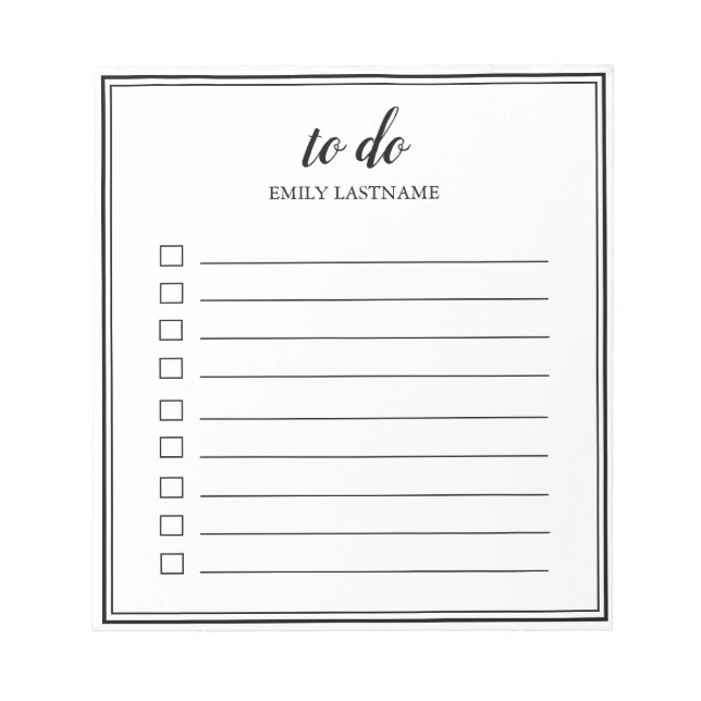 To Do Personalised with Border Black White Notepad (Front)