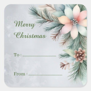 To From Merry Christmas Floral Greenery Gift Square Sticker
