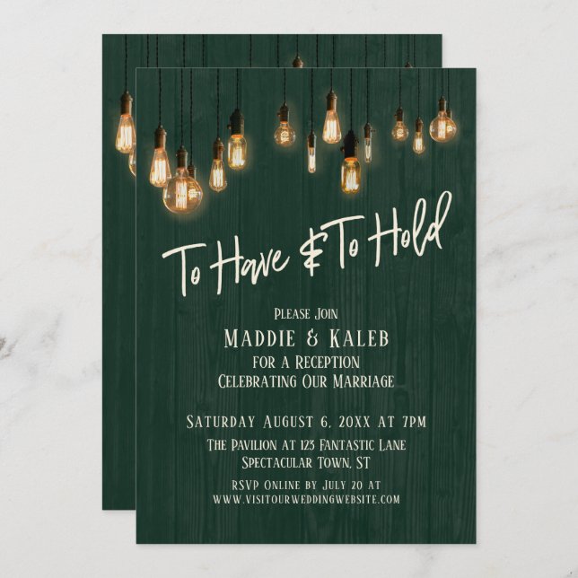 To Have and To Hold Dark Green Wood Edison Lights Invitation (Front/Back)