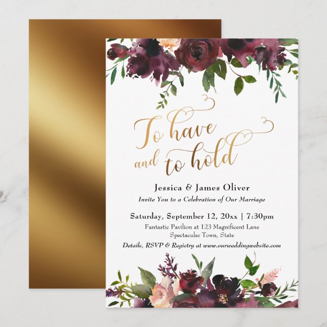 To Have and To Hold Dark Red Burgundy Floral Gold Invitation (Front/Back)