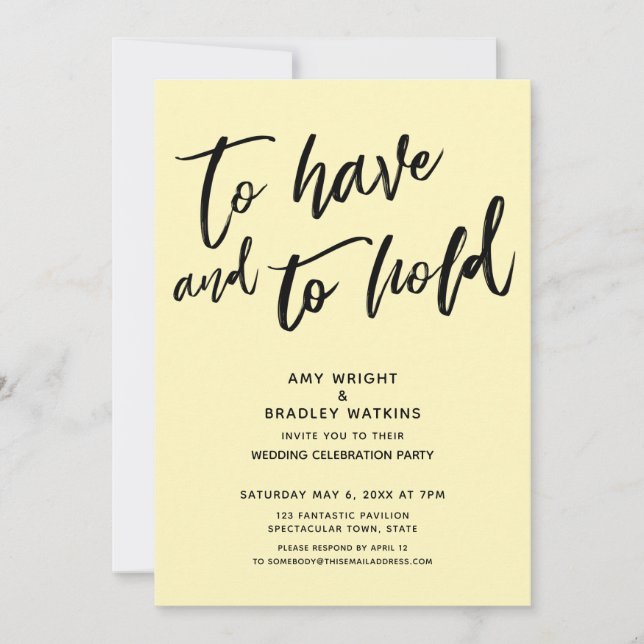 To Have and to Hold Handwriting Yellow Reception Invitation (Front)