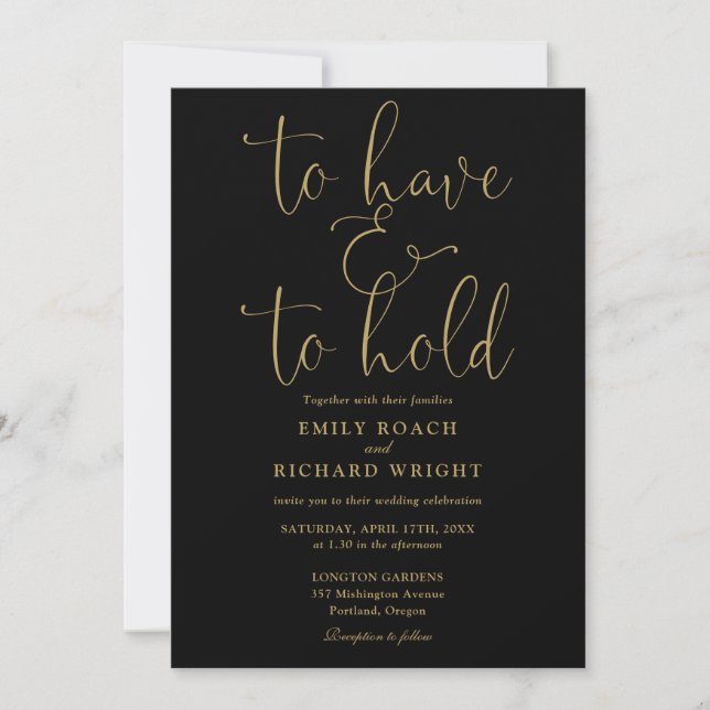 To Have And To Hold QR Code Black And Gold Wedding Invitation (Front)