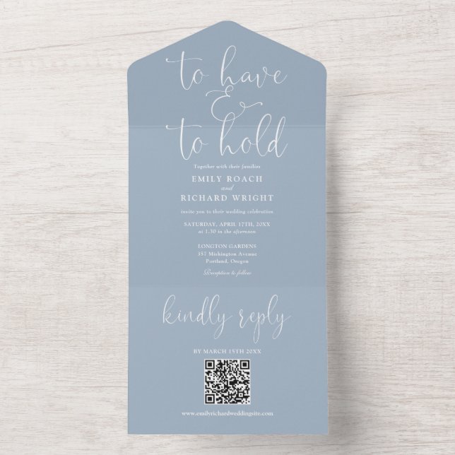 To Have And To Hold QR Code Dusty Blue Wedding All In One Invitation (Inside)