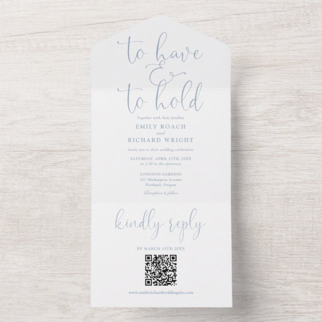 To Have And To Hold QR Code Dusty Blue Wedding All In One Invitation (Inside)