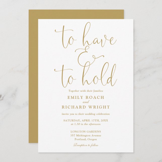 To Have And To Hold QR Code Gold Wedding Invitation (Front/Back)