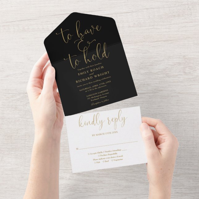 To Have And To Hold Script Black And Gold Wedding All In One Invitation (Tearaway)