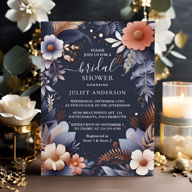 To Hydrangea Metallic Pure Navy Blue Bridal Shower Invitation (Creator Uploaded)