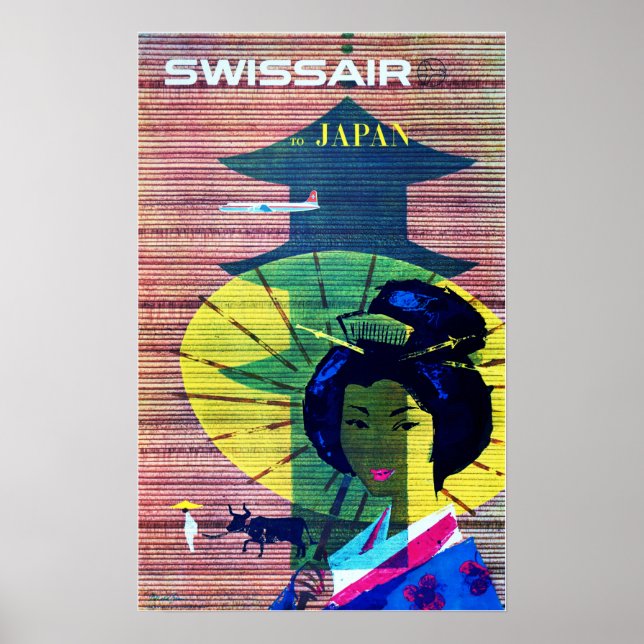 To JAPAN Art Deco Old Swiss Airlines Advertising Poster (Front)
