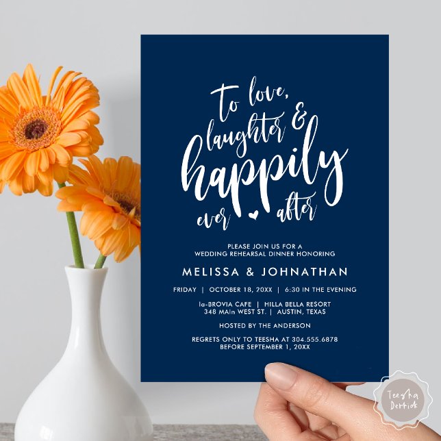 To Love Laughter and Happily Ever After Invitation (To Love Laughter and Happily Ever After, Wedding Rehearsal Dinner Invitation Card, PDF, Navy Blue)