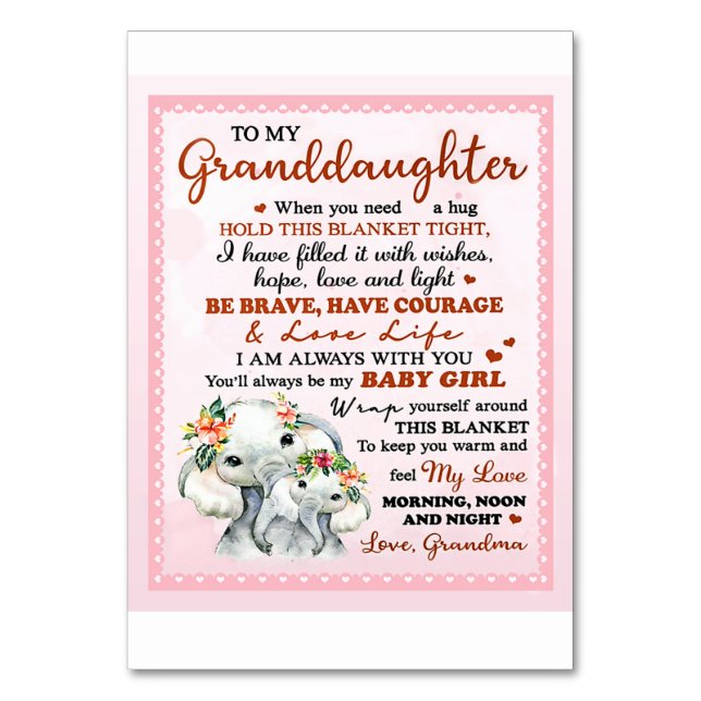 To My Granddaughter Elephant Birthday Gift Idea Table Number (Front)