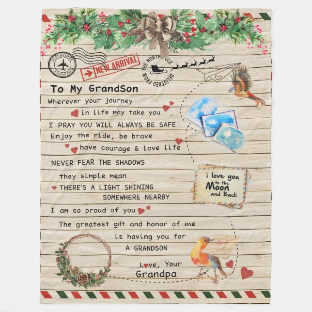 To My Grandson Gift,Grandson And Grandpa,Bird Love Fleece Blanket (Front)