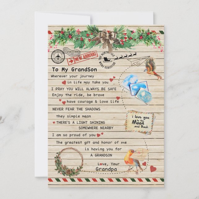 To My Grandson Gift,Grandson And Grandpa,Bird Love Holiday Card (Front)