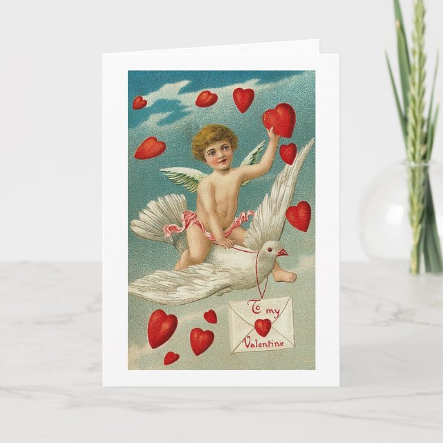 To My Valentine Cherub and Bird with Hearts Holiday Card (Front)