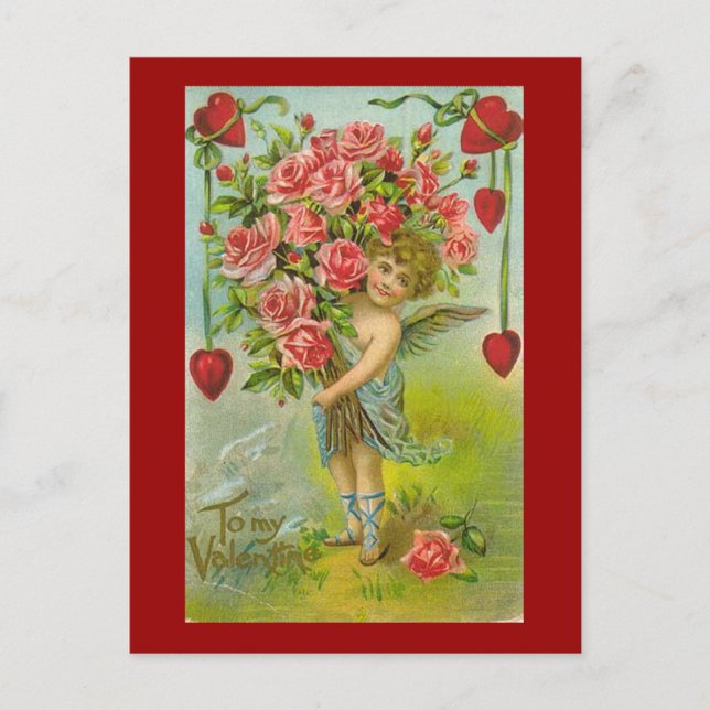 To My Valentine Cherub with Hearts and Flowers Holiday Postcard (Front)