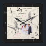 To My Wonderful Wife – 1st Wedding Anniversary Square Wall Clock<br><div class="desc">Make your first wedding anniversary truly special with this heartfelt personalized wall clock. Featuring delicate black and white floral illustrations, loving text, elegant flying birds, and space for your favorite wedding photo, this design is both romantic and timeless. Surprise your wife with this meaningful keepsake that celebrates the beautiful journey...</div>