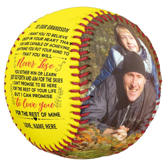 To Our Grandson From Grandparents & Custom 2 Photo Softball (Angled)