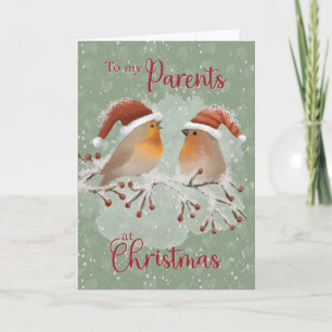 To Parents at Christmas Birds with Santa Hats  Card