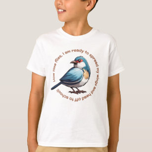 To School Kids T-Shirt Blue Brown Bird 