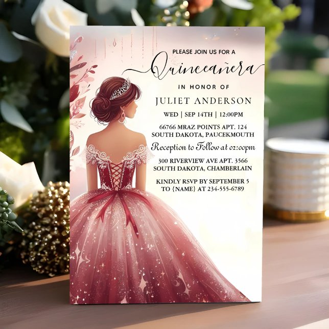 To Silver Plum Lace Gown Boho Burgundy Quinceanera Invitation (Creator Uploaded)