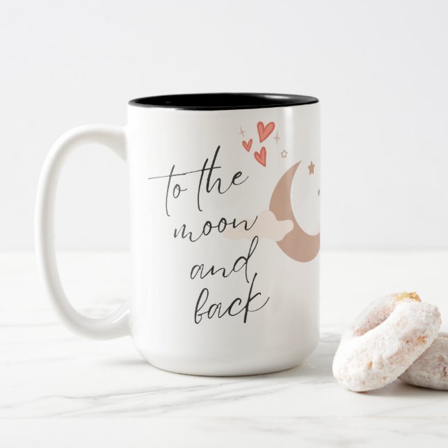To the Moon and Back Cute Hearts And Moon Two-Tone Coffee Mug (With Donut)