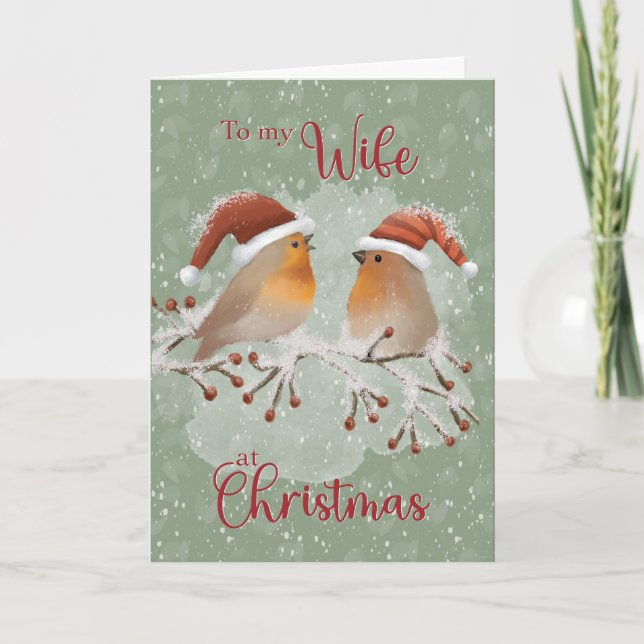 To Wife at Christmas Birds with Santa Hats on Snow Card (Front)