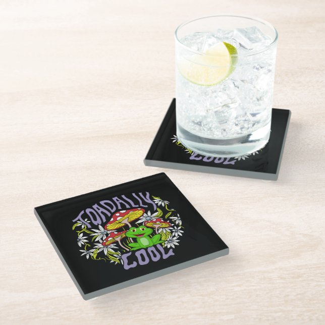 Toadally Cool Colourful floral and frog typography Glass Coaster (Angled)
